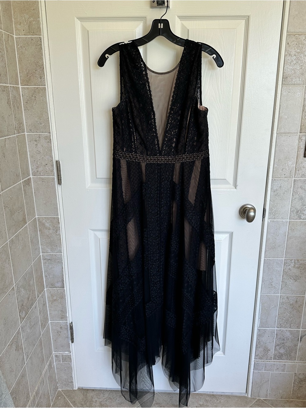 BCBGMaxAzria Andi Lace Trim Black High-Low Cocktail Dress